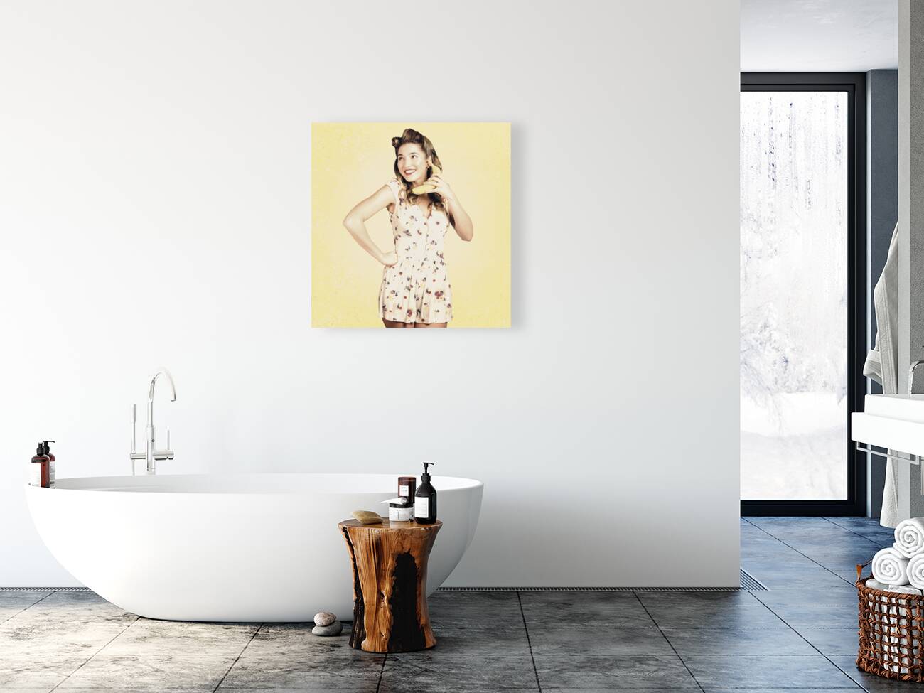 Funny pin-up model in conversation on banana phone Reproduction