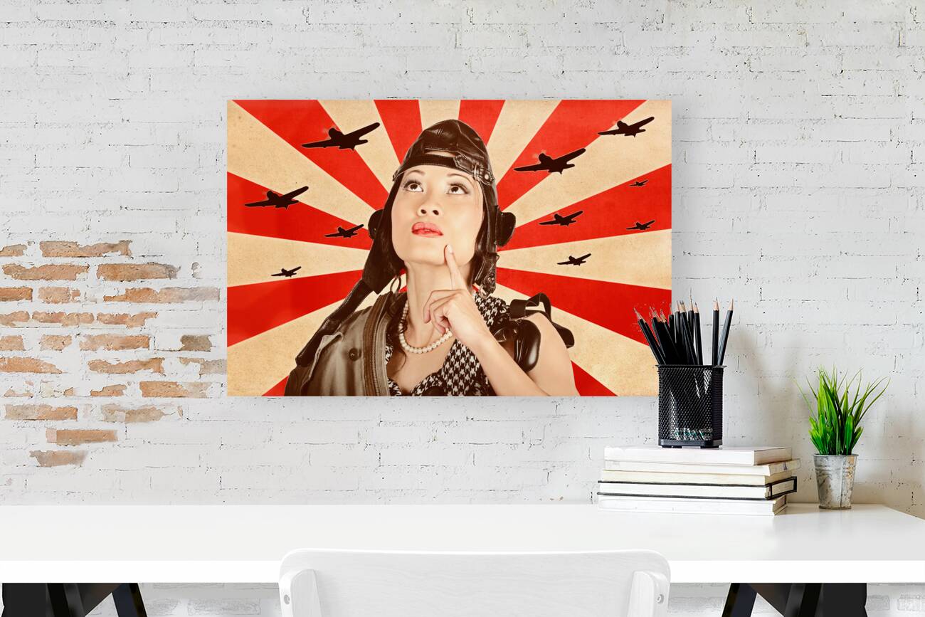 Retro asian pinup girl. War planes of revolution Reproduction