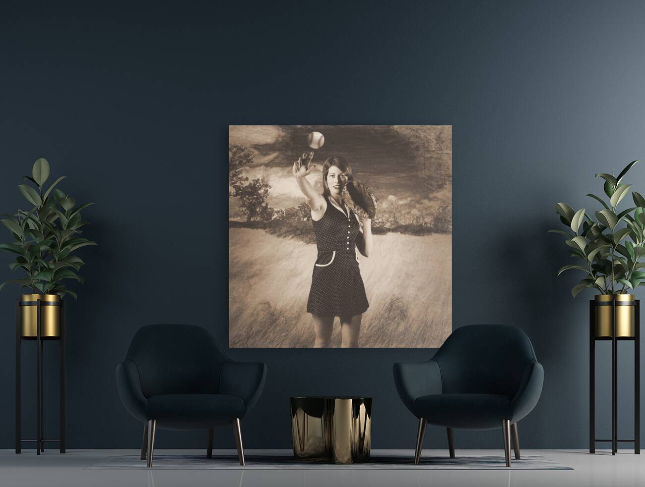 Vintage pin up girl pitching baseball Reproduction