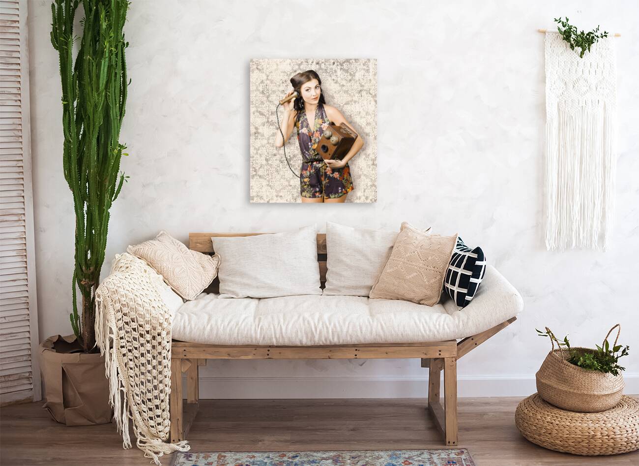 Cute housewife in 50s style on vintage phone Reproduction