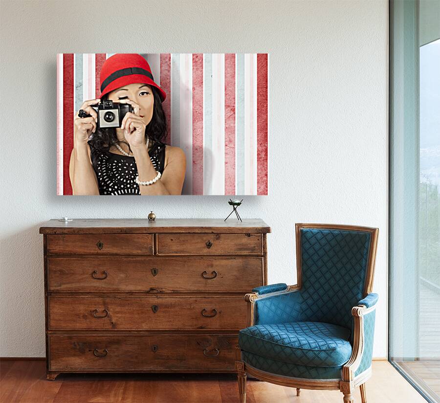 Pin-up photographer in 40s fashion holding camera Reproduction