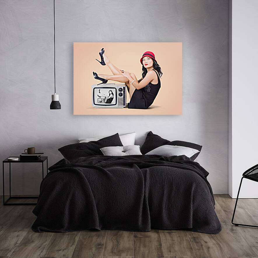 Beautiful asian pin up girl posing on retro tv set Reproduction