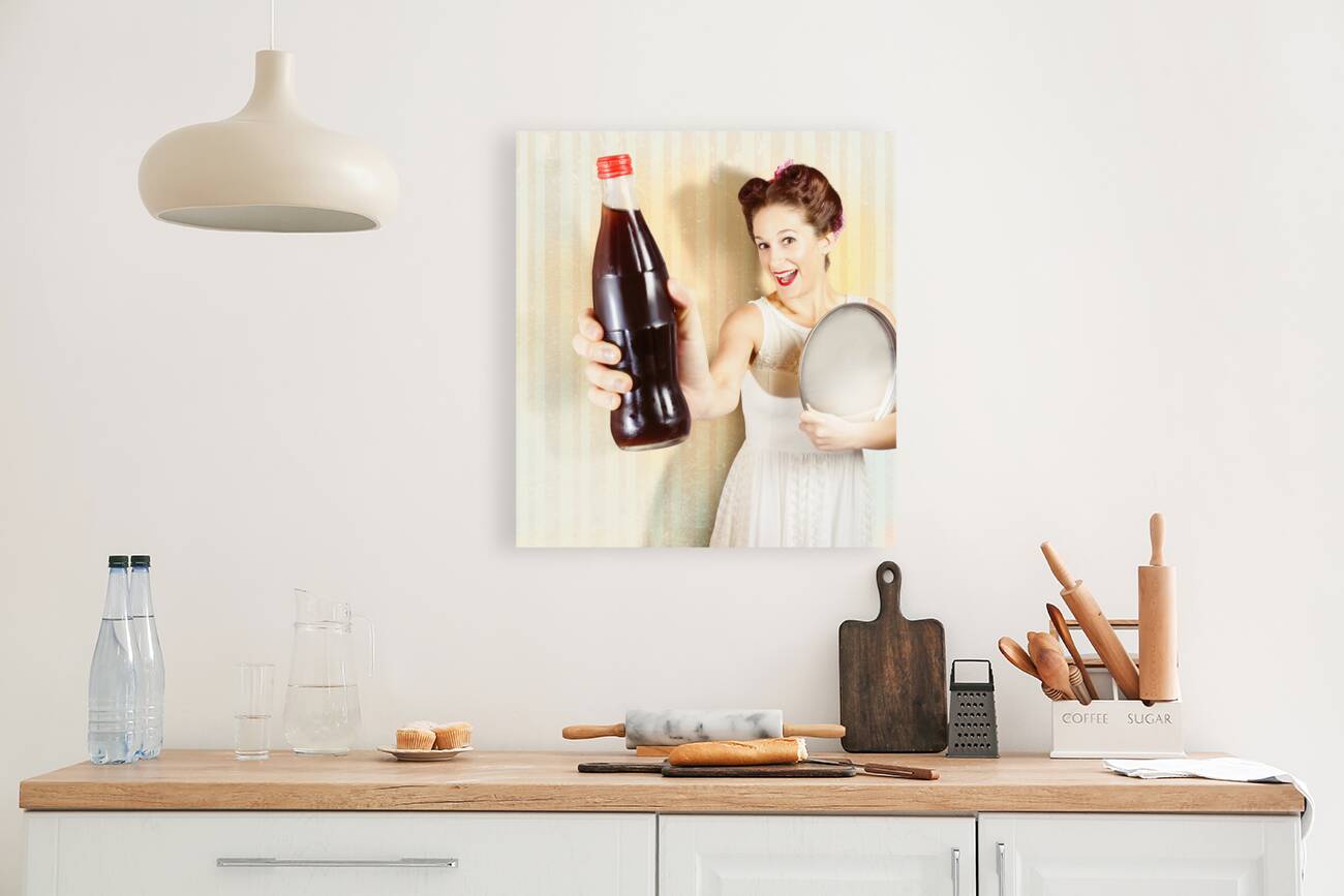 Female pin-up waiter serving drink at summer party Reproduction