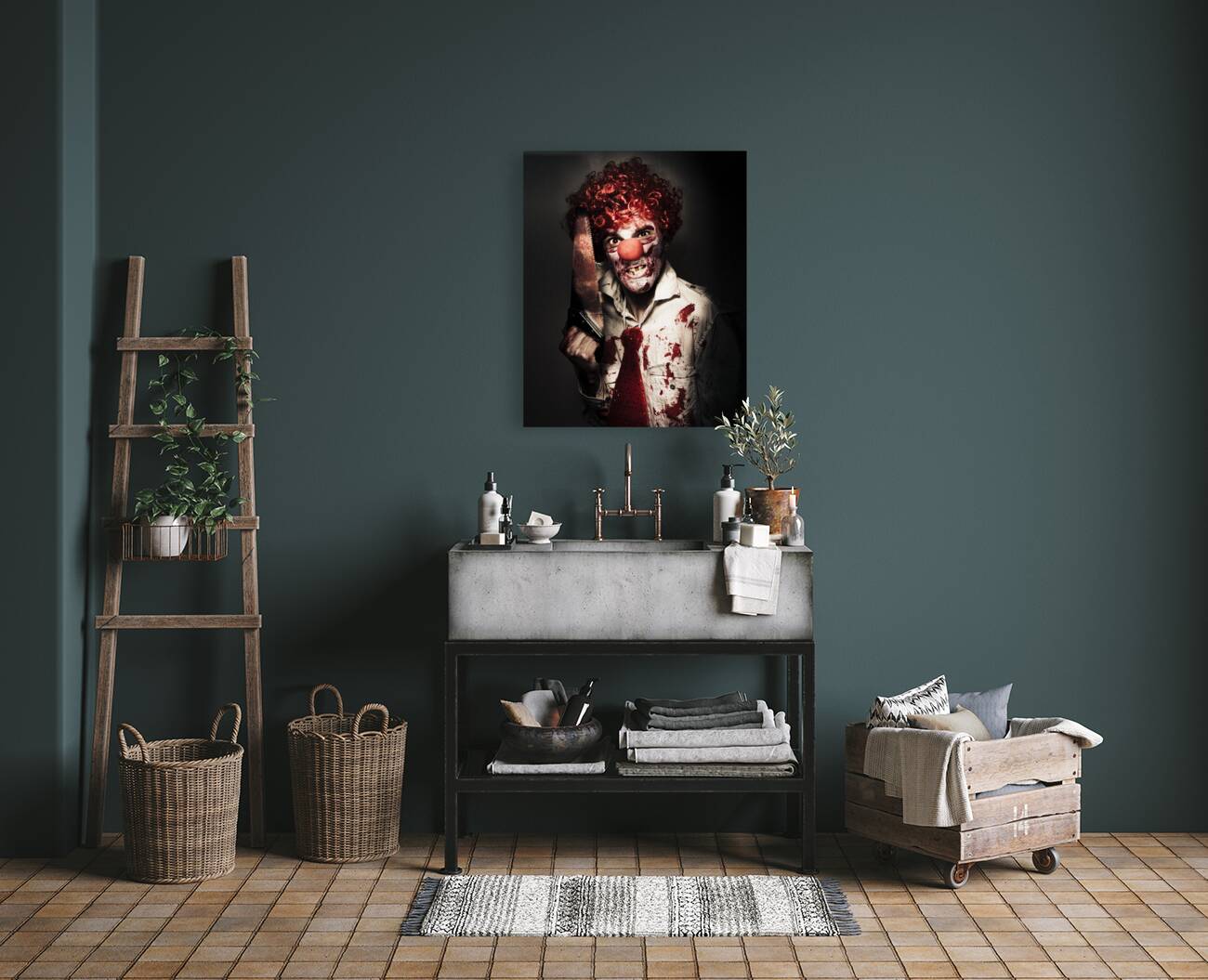 Angry Horror Clown Holding Butcher Saw In Darkness Reproduction