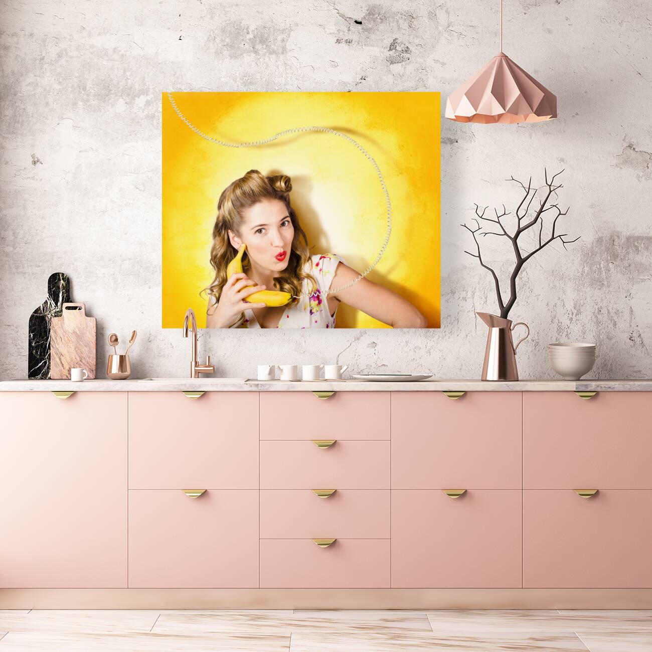 Gossiping retro pin up girl on fruit phone Reproduction