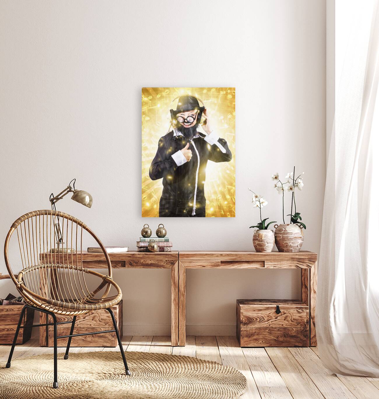 Man listening to FM radio broadcast with headphone Reproduction