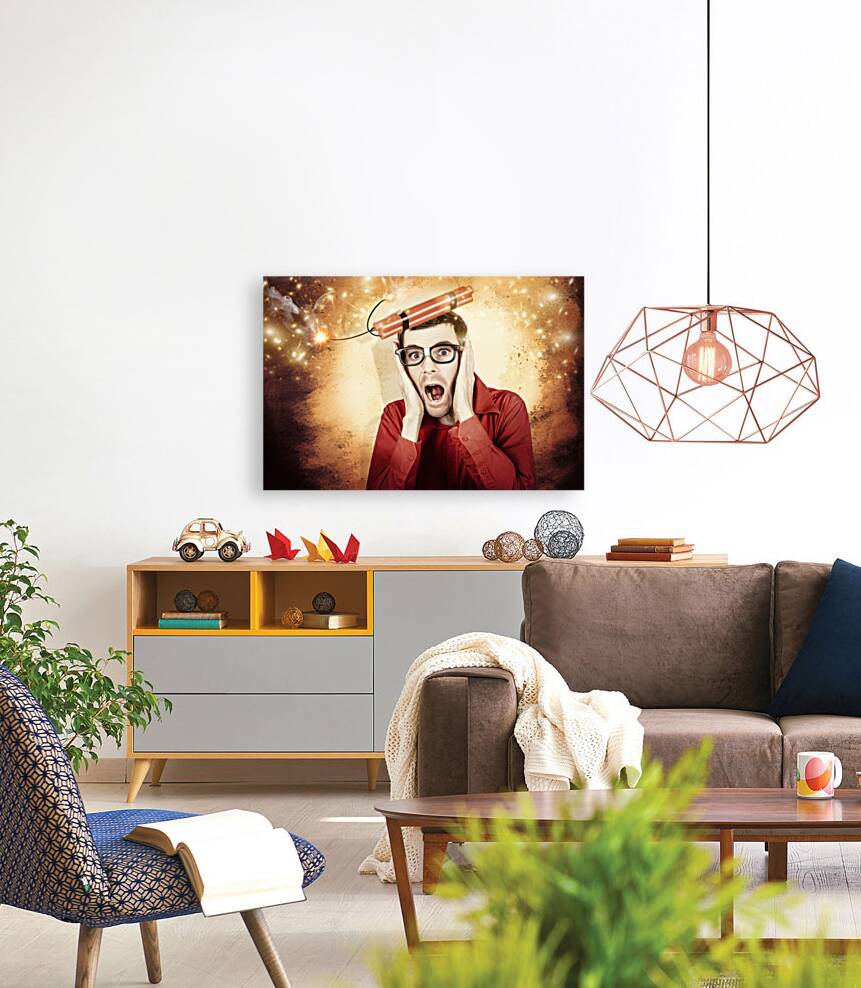 Nerd business man shouting out in fear of a bomb Reproduction