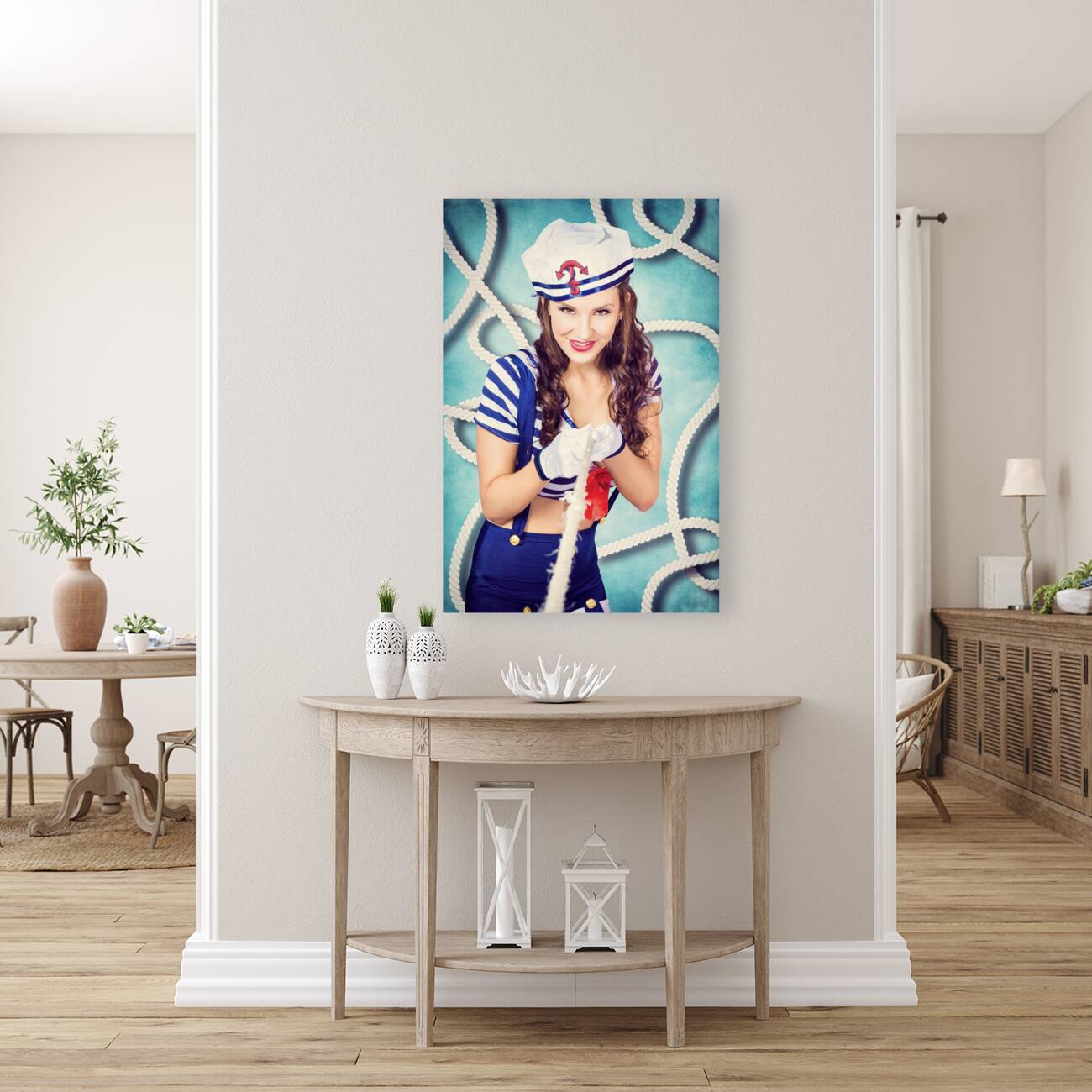 Navy sailor pinup girl in tug of war battle Reproduction