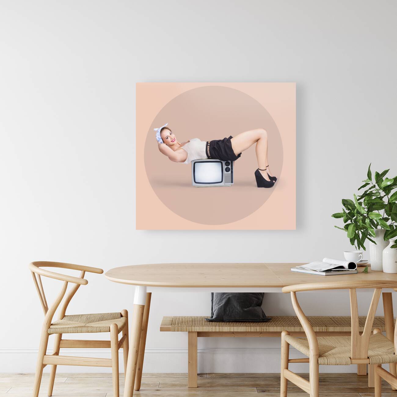 Strong pinup girl doing fitness exercises Reproduction