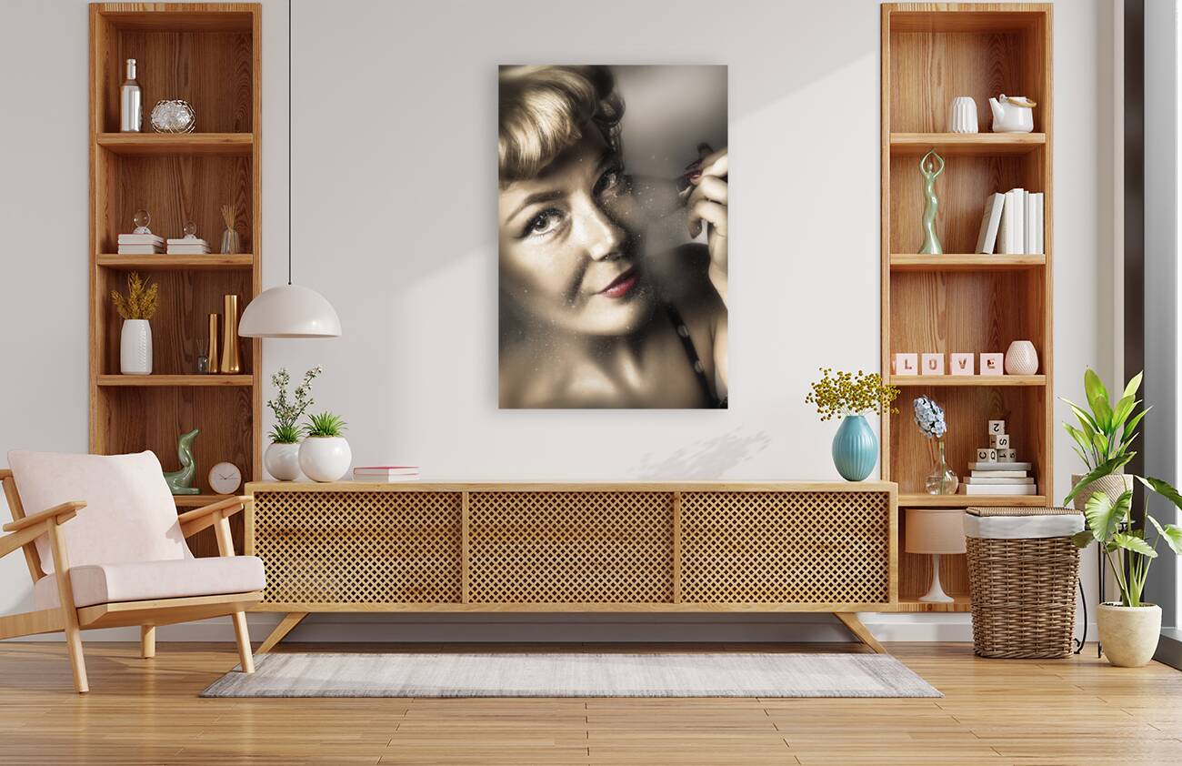 Beauty pin-up woman applying makeup Reproduction