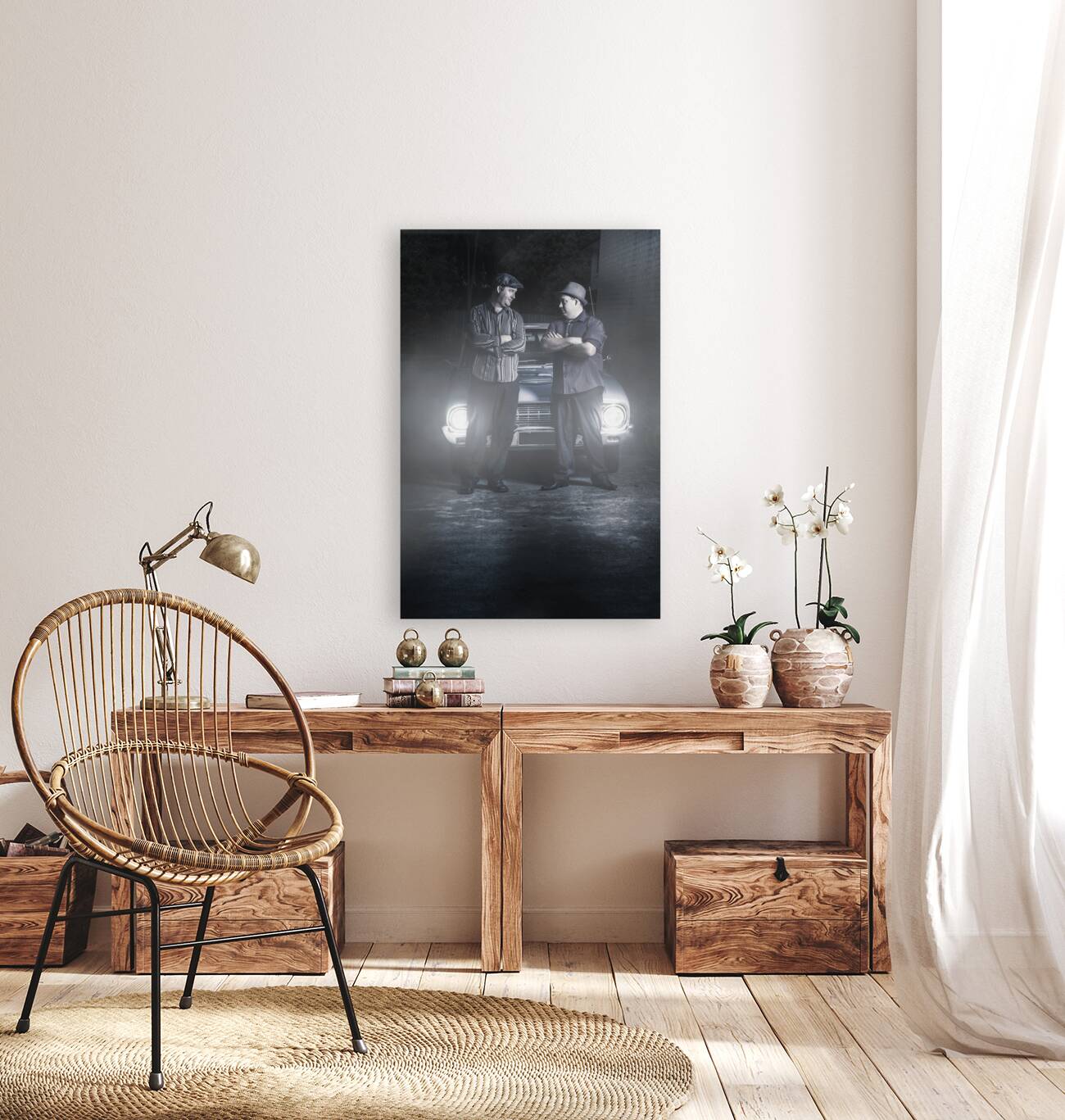 2 male gangsters meeting in dark alleyway Reproduction