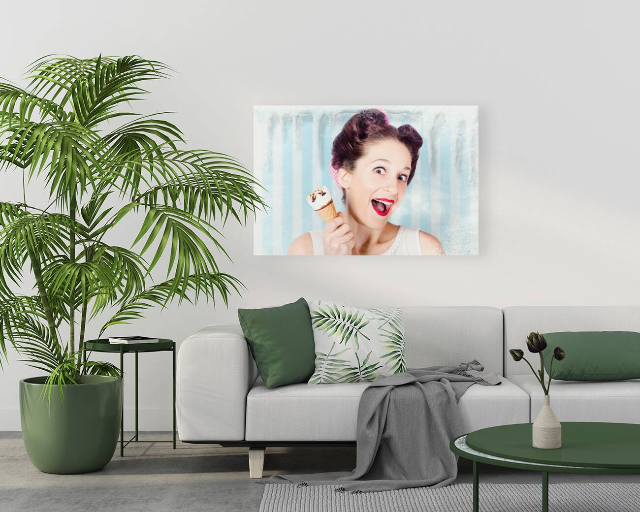 Cool pin-up woman in cold freezer with ice-cream Reproduction