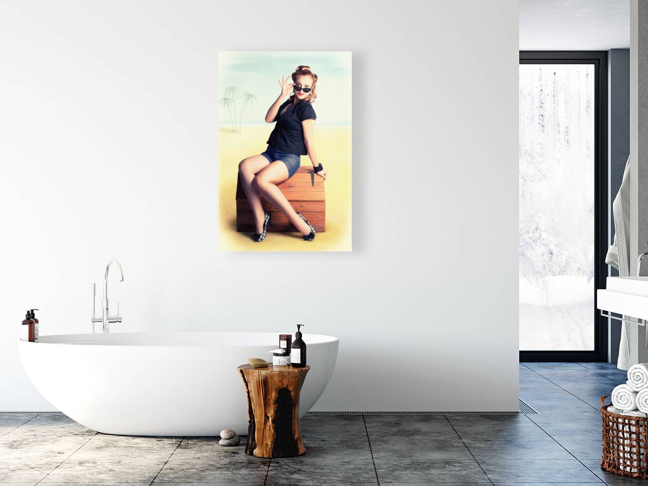 Travelling Pin-Up Girl Sitting On Vintage Luggage Reproduction