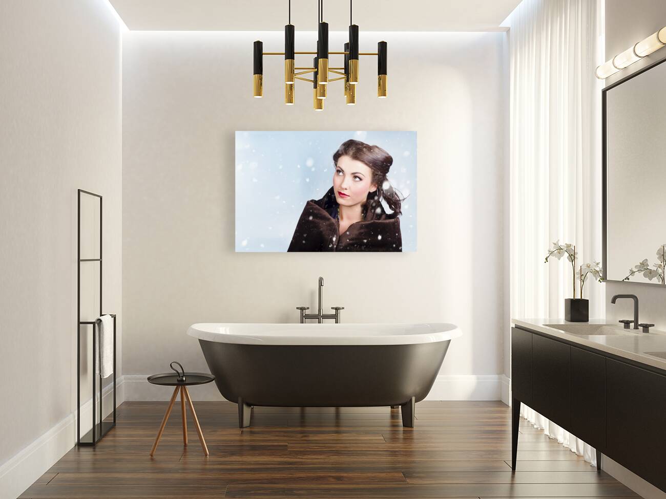 Beautiful brunette woman freezing in outdoor forest Reproduction