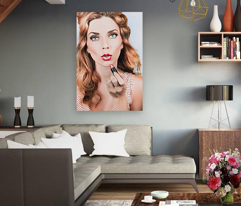 Retro beauty pin up girl applying lipstick makeup Reproduction