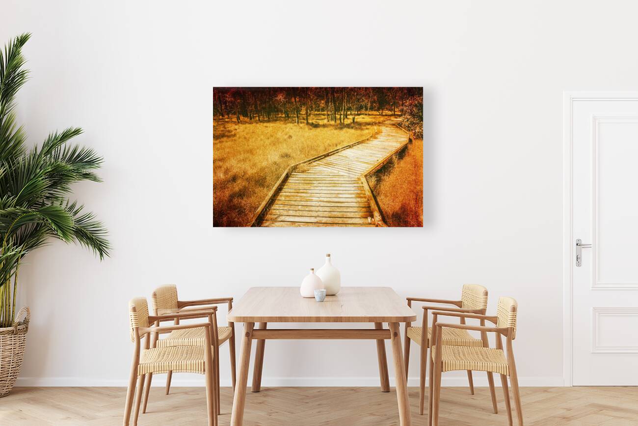 Boardwalk through vintage wetlands Reproduction