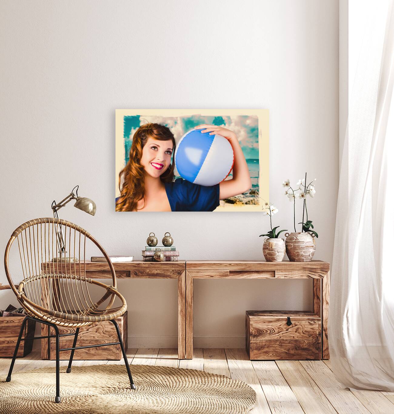 Vintage 1950 era pin-up woman with beach ball Reproduction