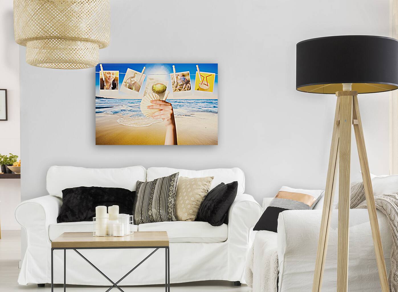 Vacation woman with photos from summer holiday Reproduction