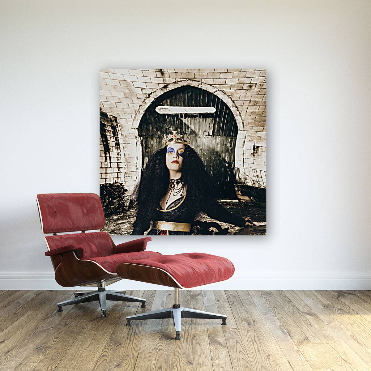 Fashion beauty princess sitting by castle door Reproduction