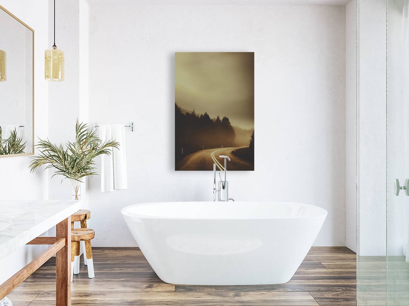 View of abandoned country road in foggy forest Reproduction