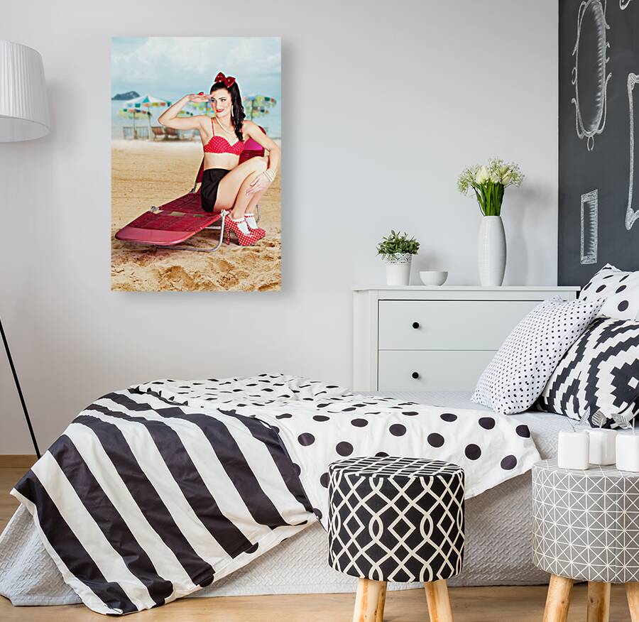 Sexy beach pin up girl wearing high heels Reproduction