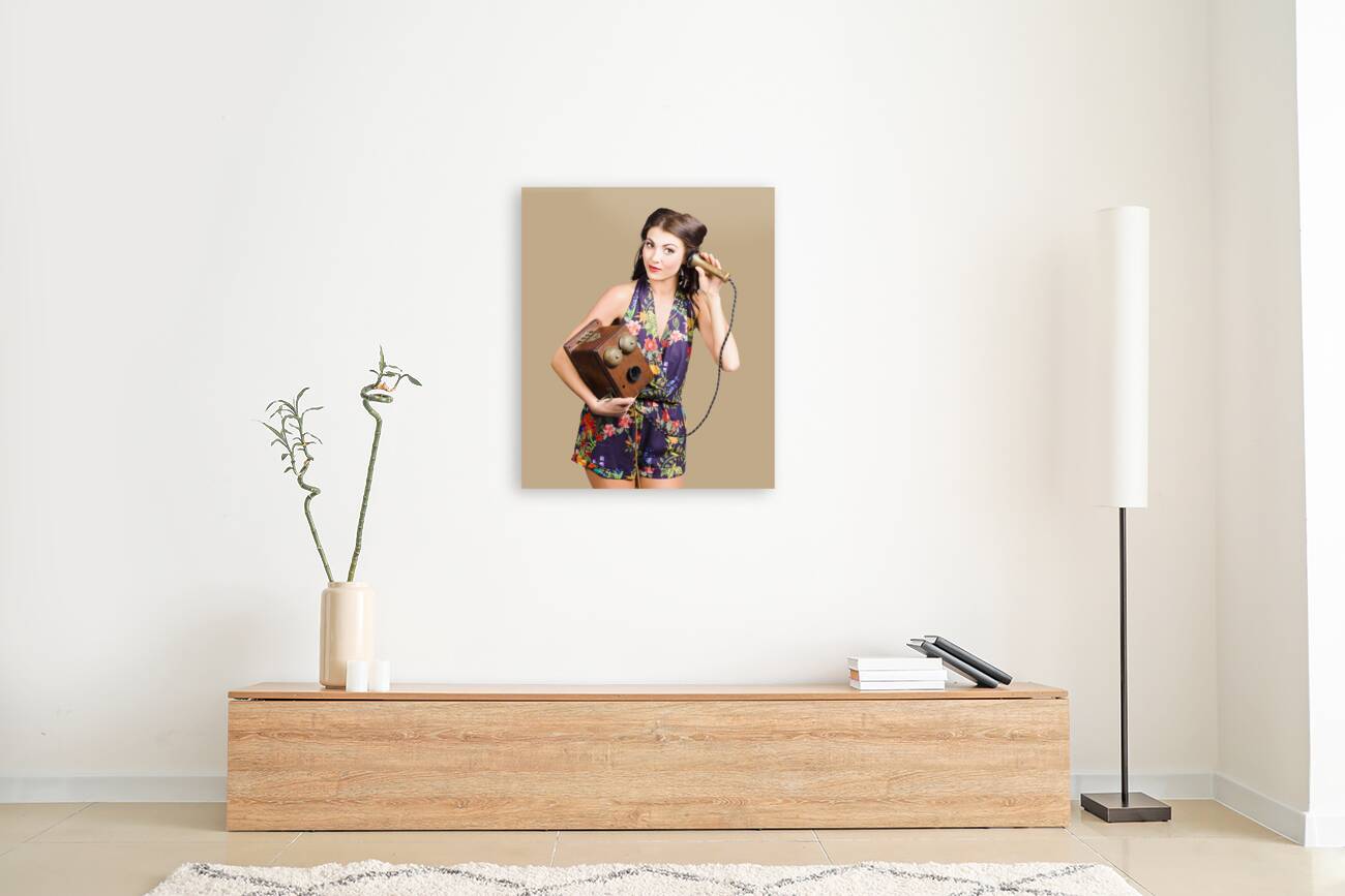 Retro receptionist on vintage telephone. Call us Reproduction