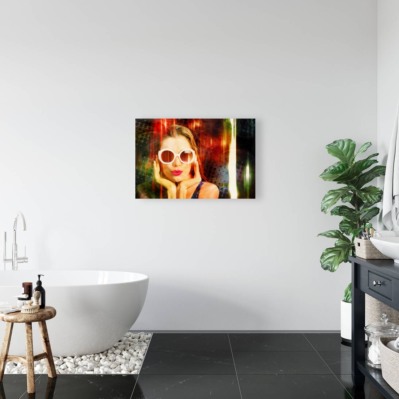 Young retro woman listening to earphones Reproduction