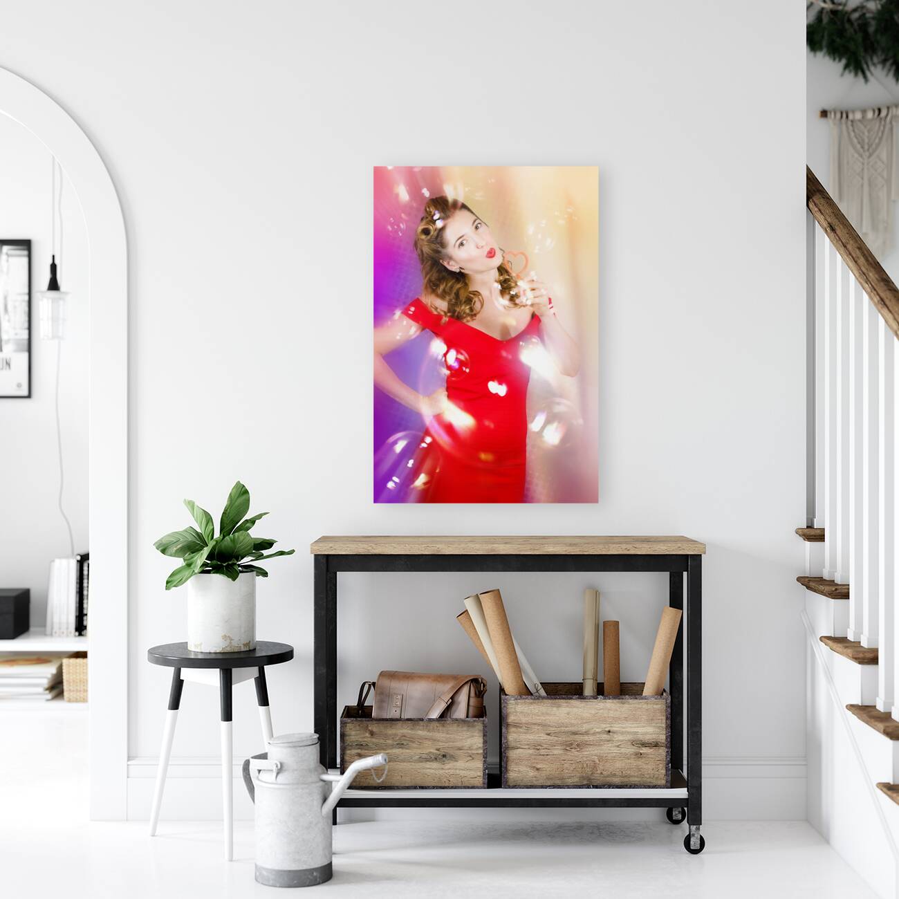 Beautiful pin-up girl at retro disco dance party Reproduction