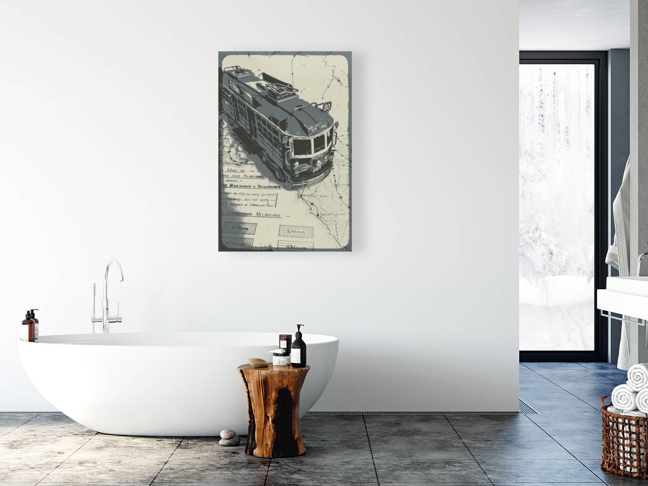 Urban trams and old maps Reproduction