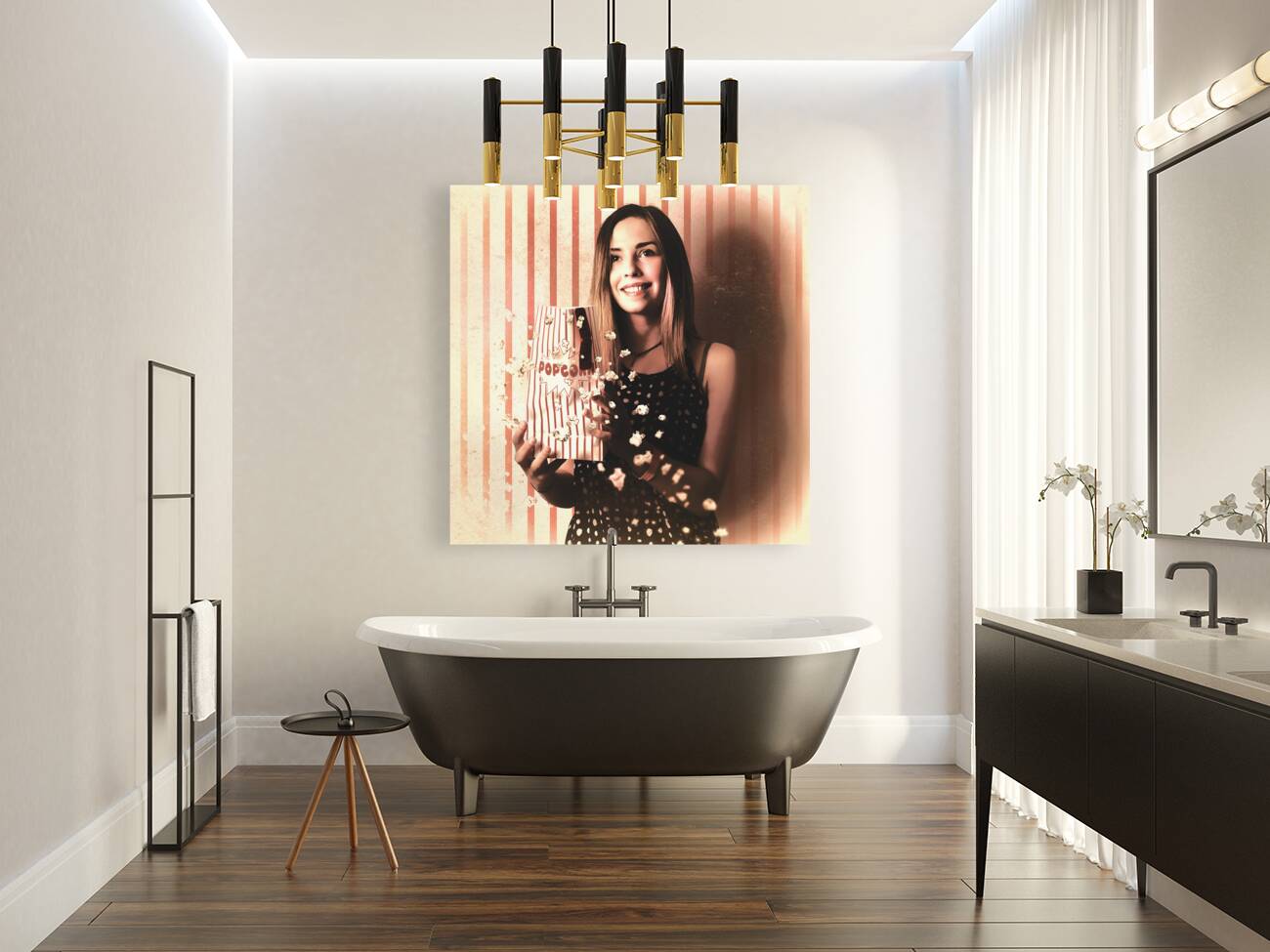 Vintage cinema girl with movie popcorn. Retro film Reproduction