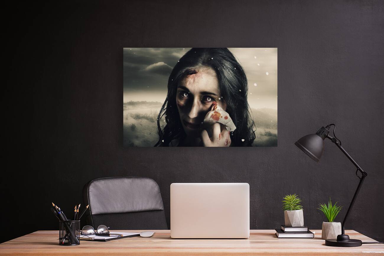 Grim face of horror crying tears of blood Reproduction