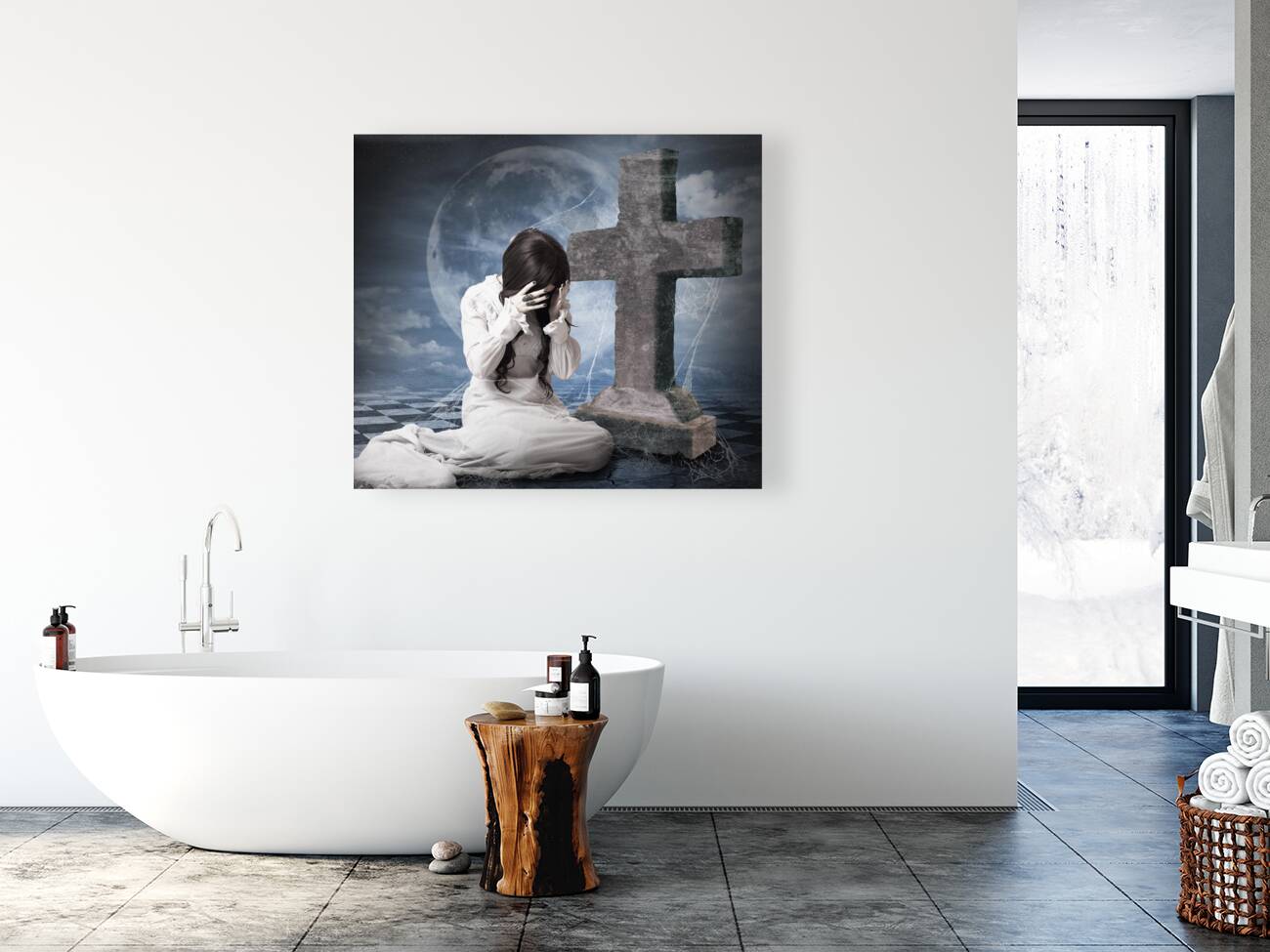 Grieving gothic girl crying next to gravestone Reproduction