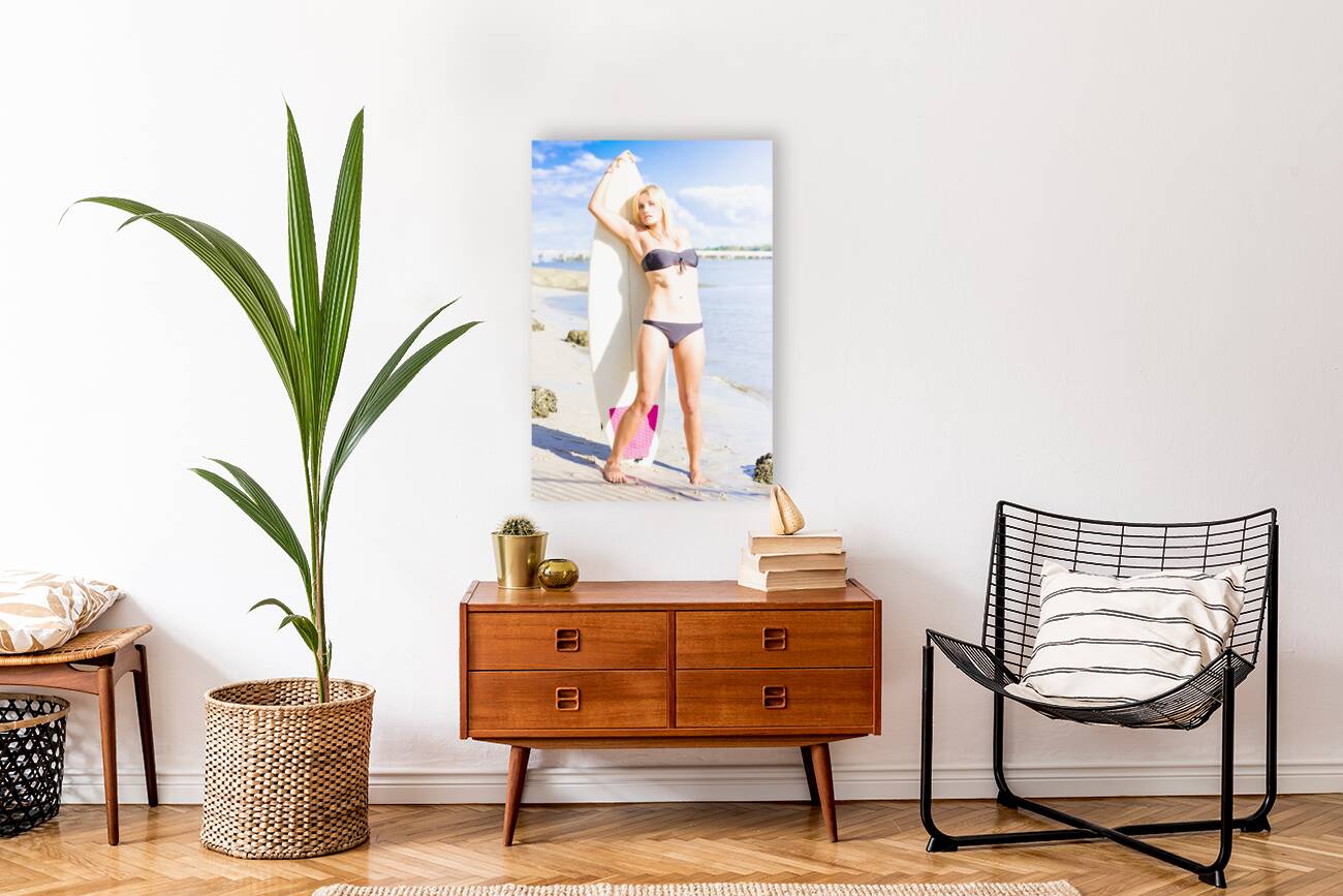 Blonde Surfboarder With Surfboard At Beach Reproduction