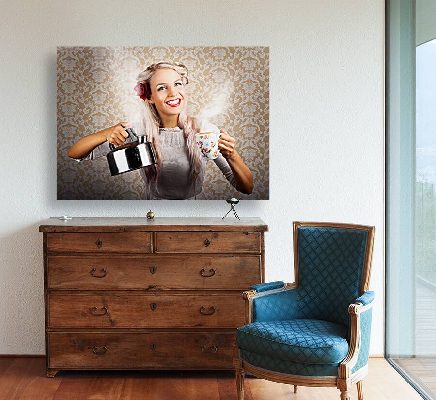 Vintage Coffee Woman Holding Hot Tea Pot Reproduction