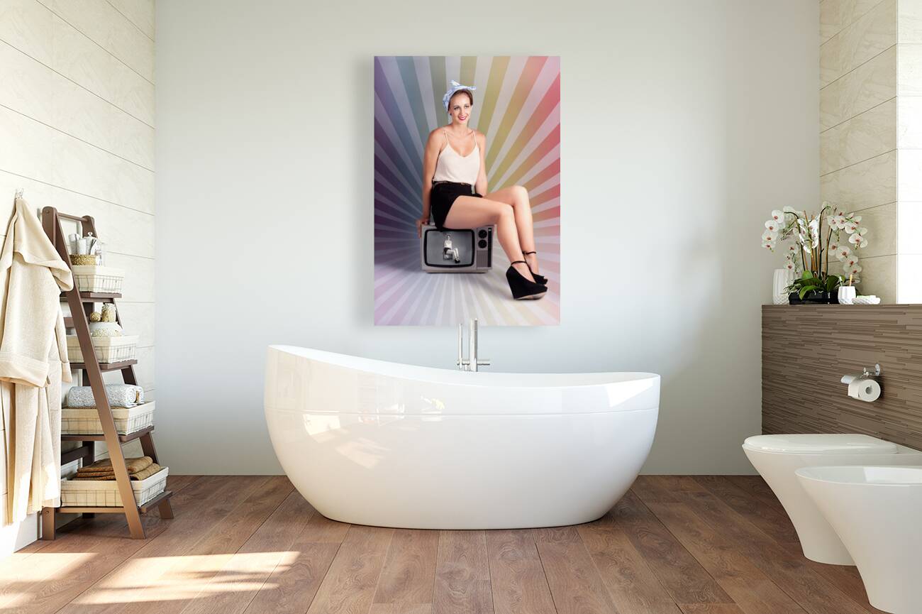 Pinup Housewife Sitting On Vintage Television Set Reproduction