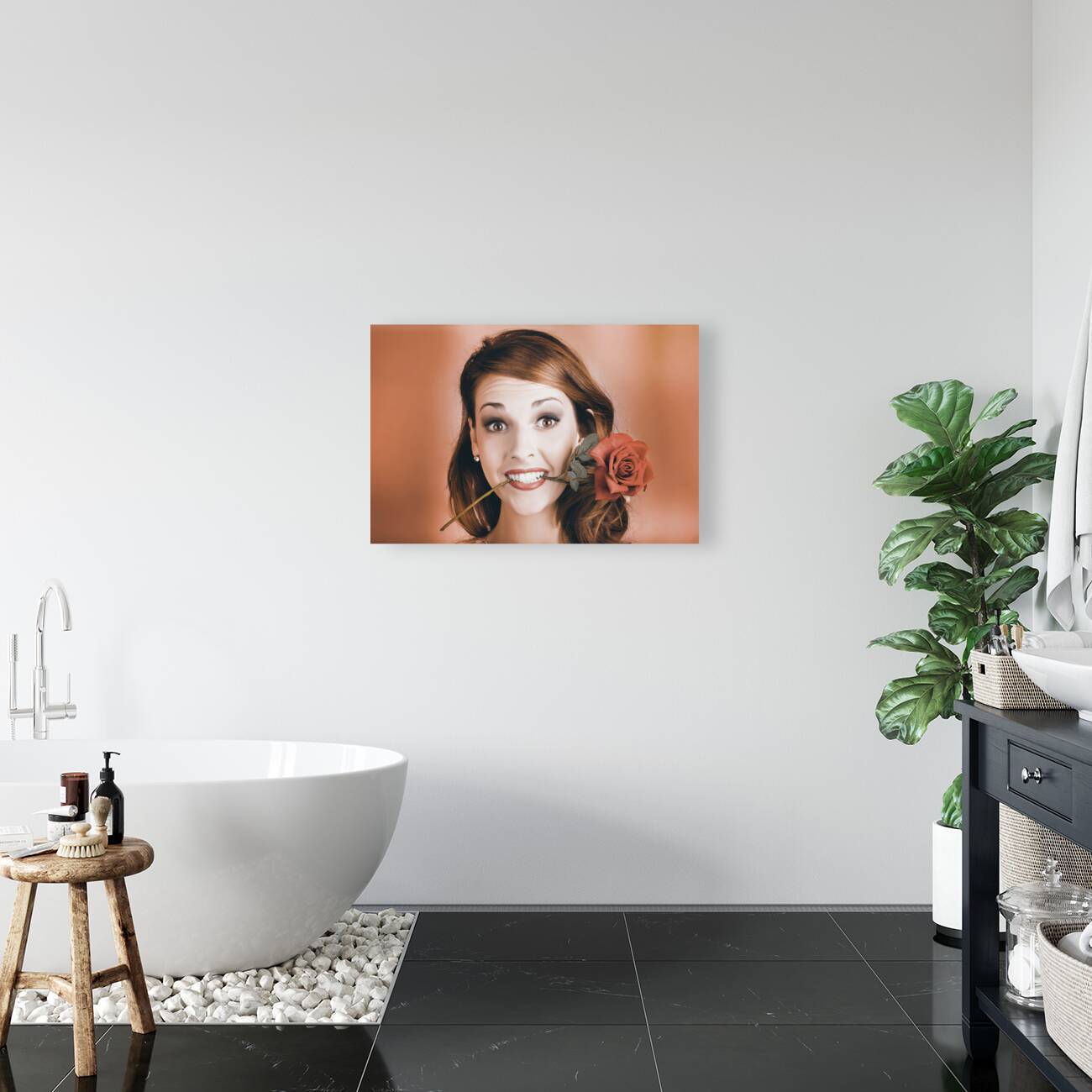 Surprised Young Woman Getting Valentine Flower Reproduction