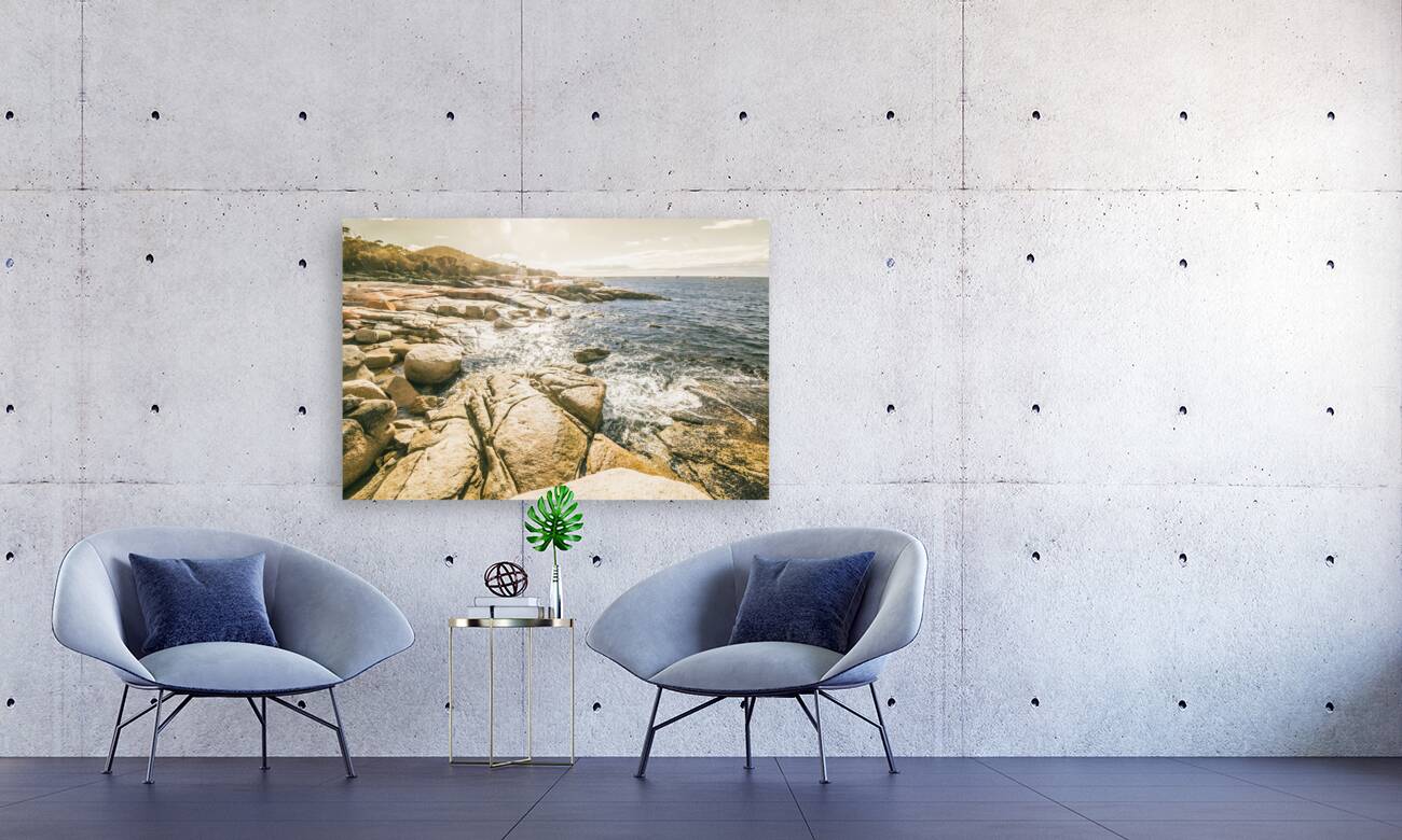 Peaceful sun flared Australian coastline Reproduction