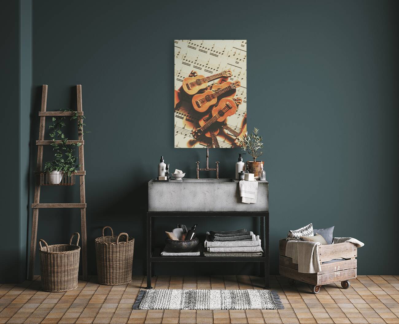 Vintage guitars on music sheet Reproduction