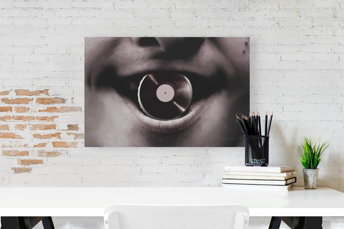 Jukebox DJ holding vinyl soda bottle lid in mouth Reproduction