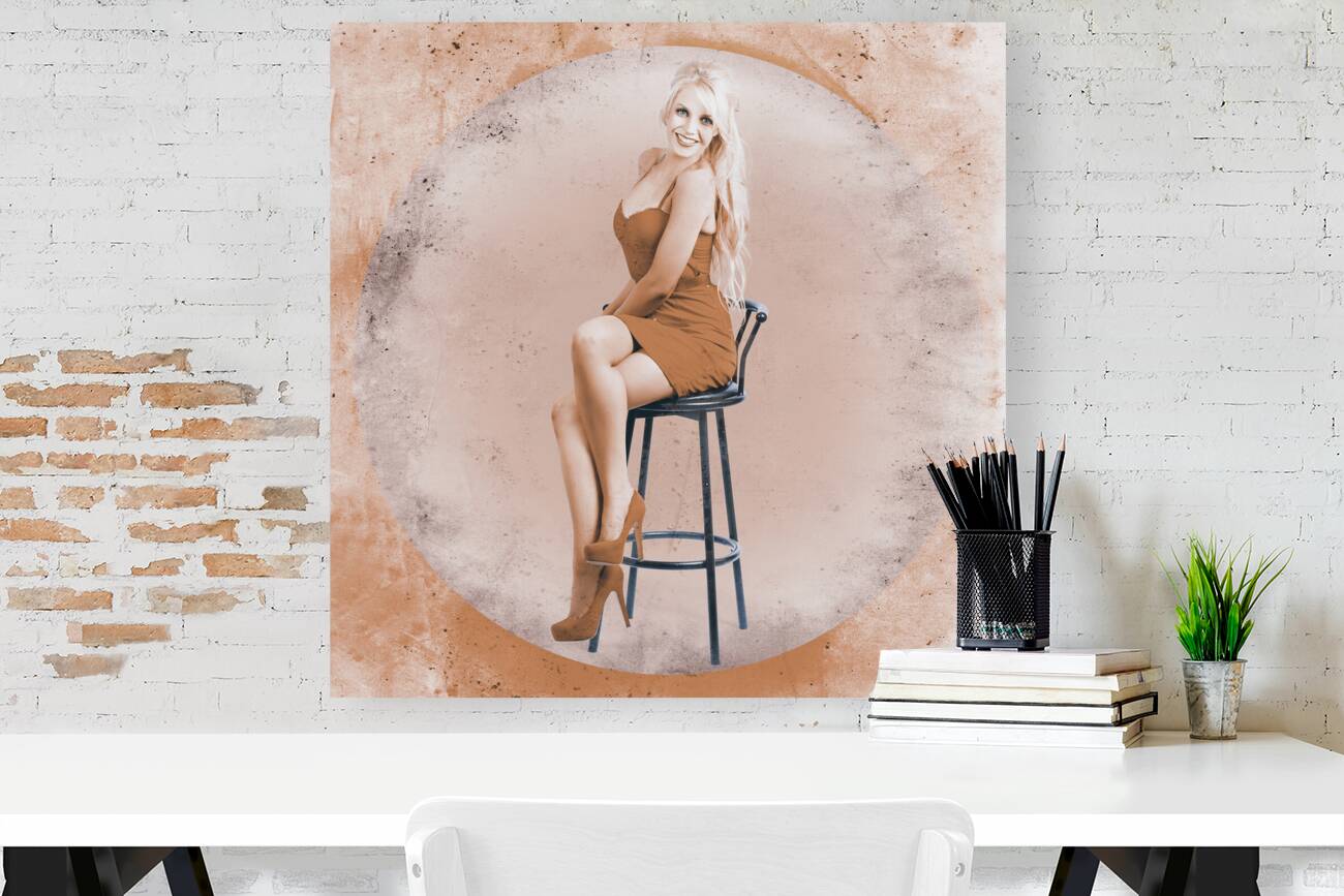 Happy american style pin-up girl on retro chair Reproduction