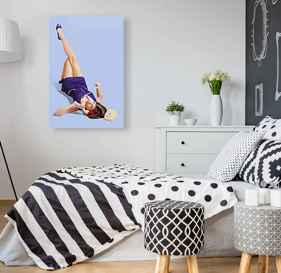 Woman talking on antique landline phone on white Reproduction