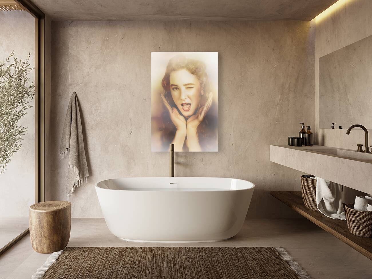 Winking pinup woman with retro hair and makeup Reproduction