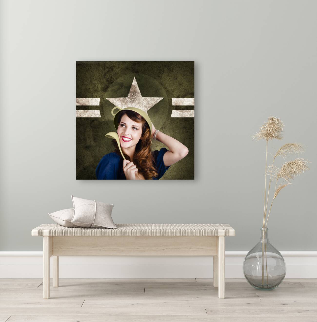 Cute military pin-up woman on army star background Reproduction