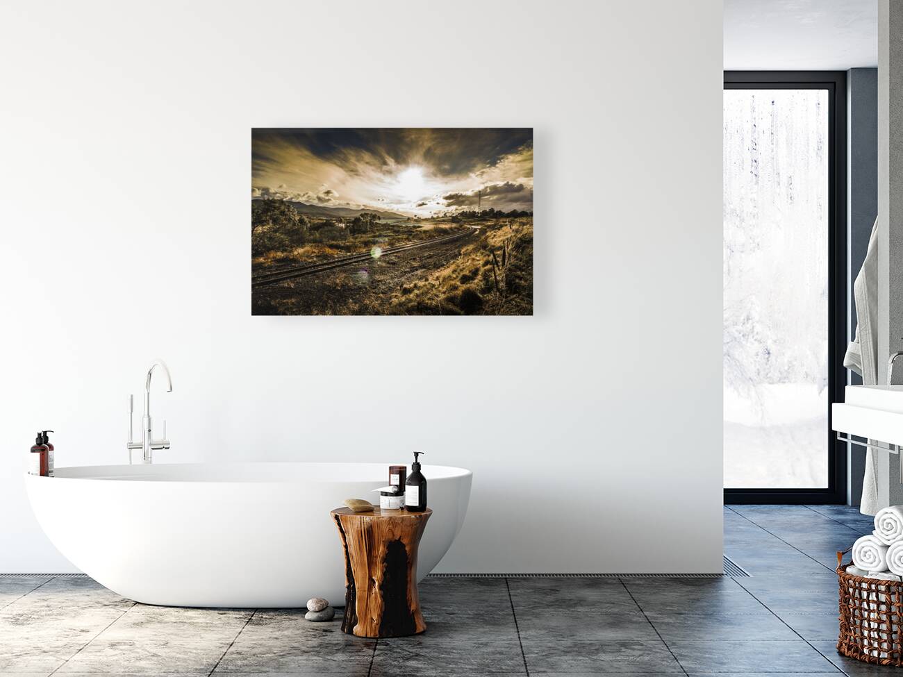 Sun flared railway track Reproduction