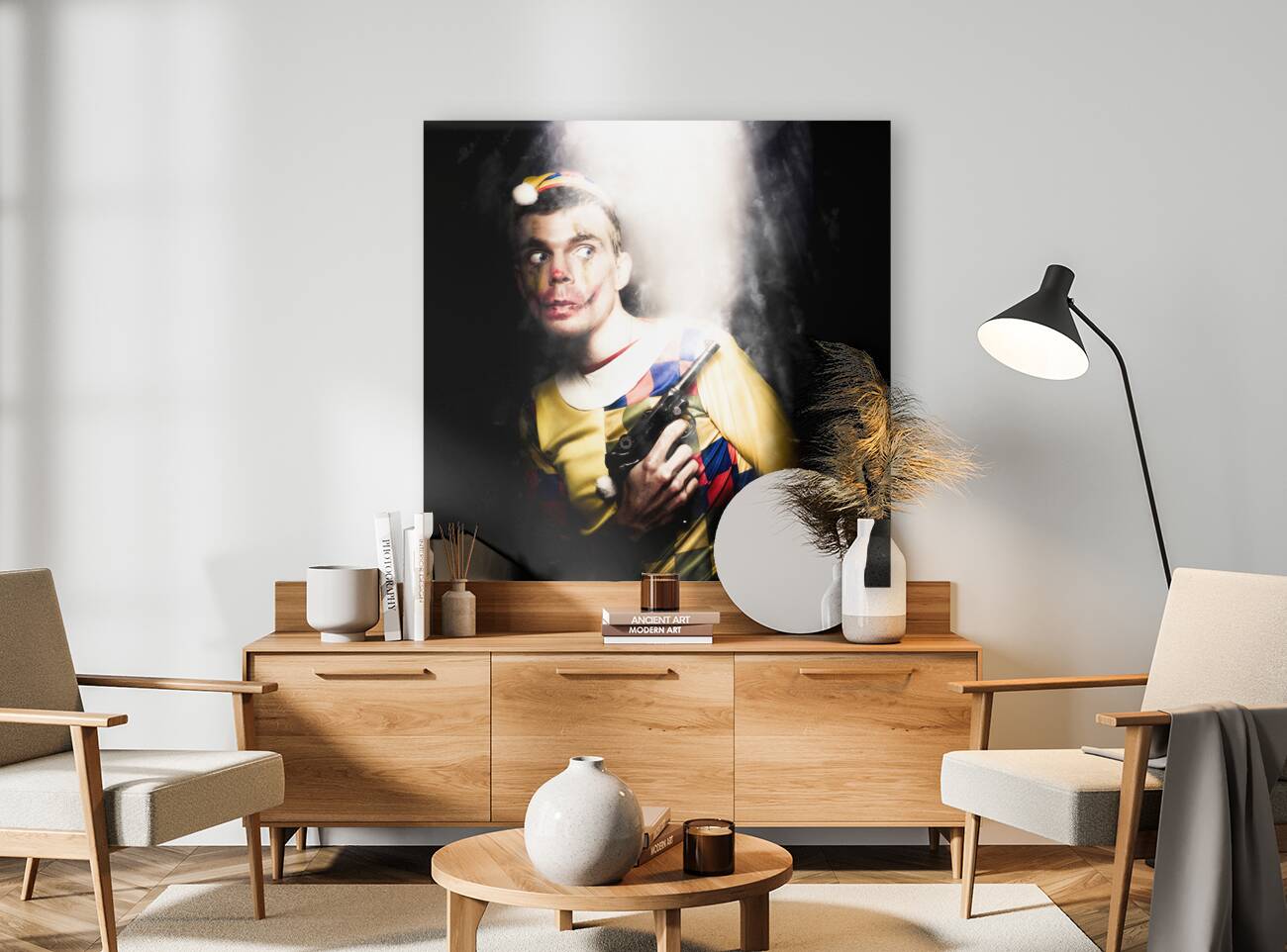 Scary Clown Standing In Shadows With Smoking Gun Reproduction