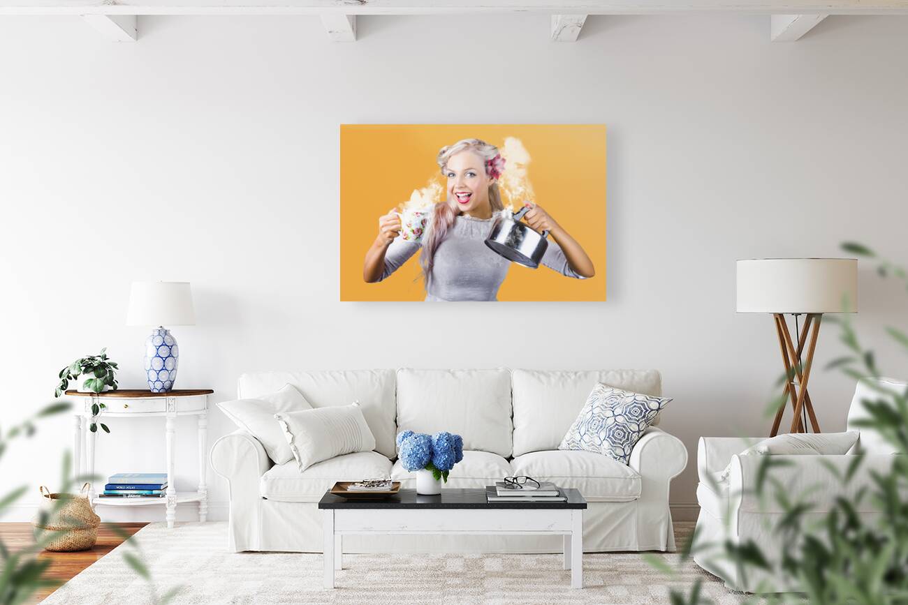 Pinup girl holding kettle and mug Reproduction