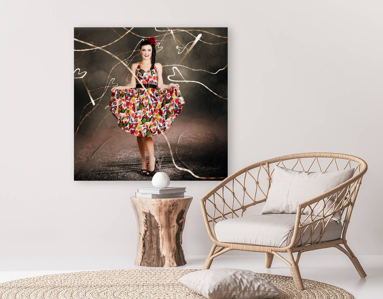 Woman dancing in colorful floral dress outdoor Reproduction