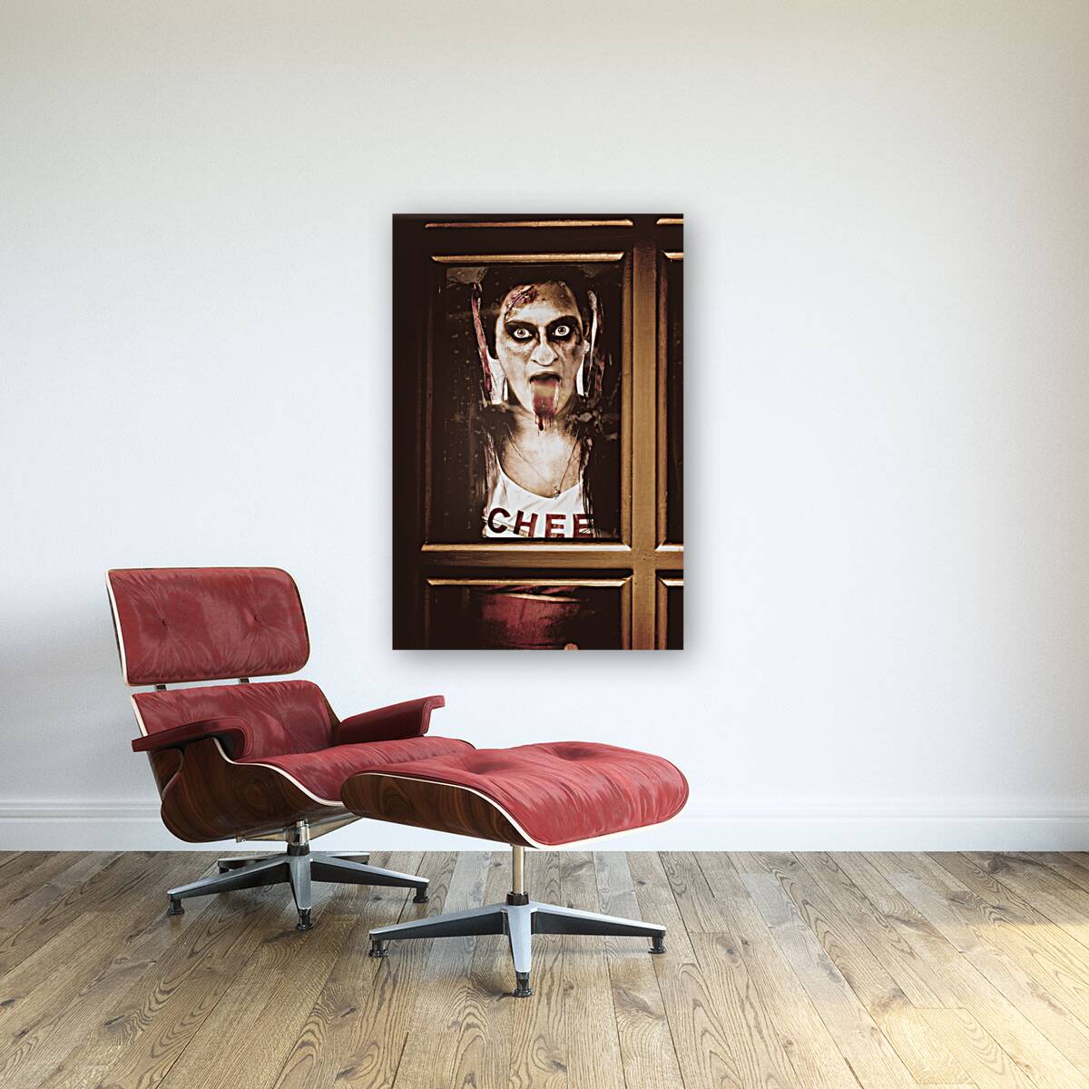 Zombie school girl pulling a funny face on glass Reproduction