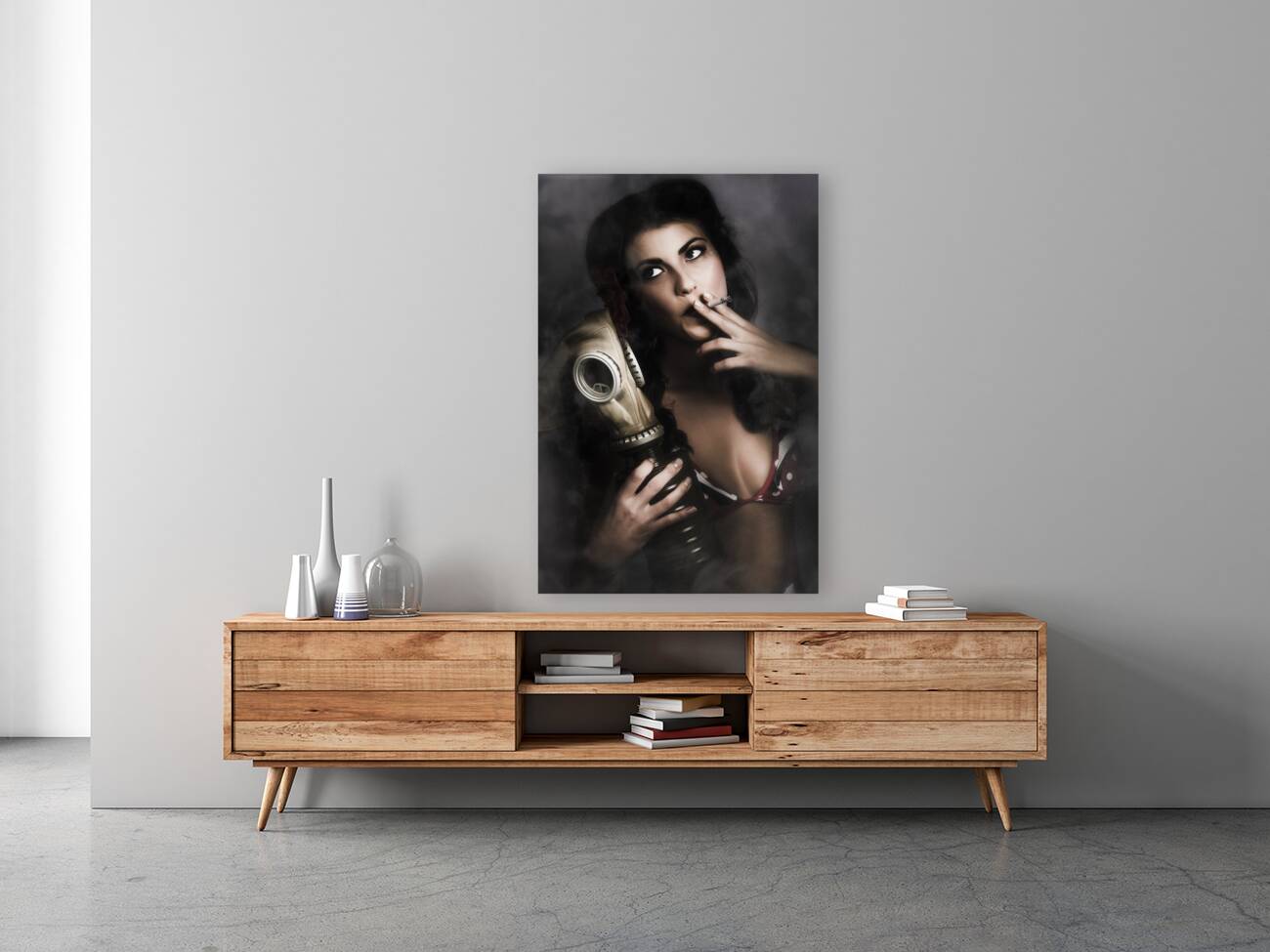 Vintage army pinup girl holding gas mask Reproduction