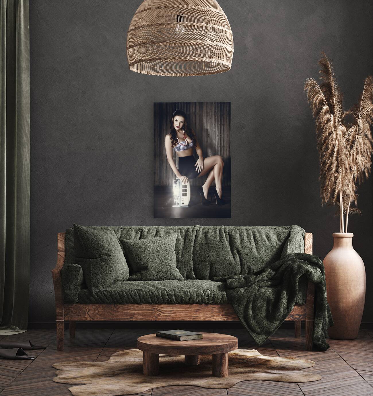 Young brunette pin-up woman on old film projector Reproduction